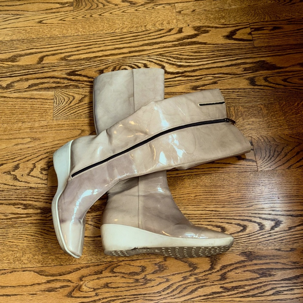 Aquatalia Patent Leather Beige Wedge Tall Boot for Sale!!!